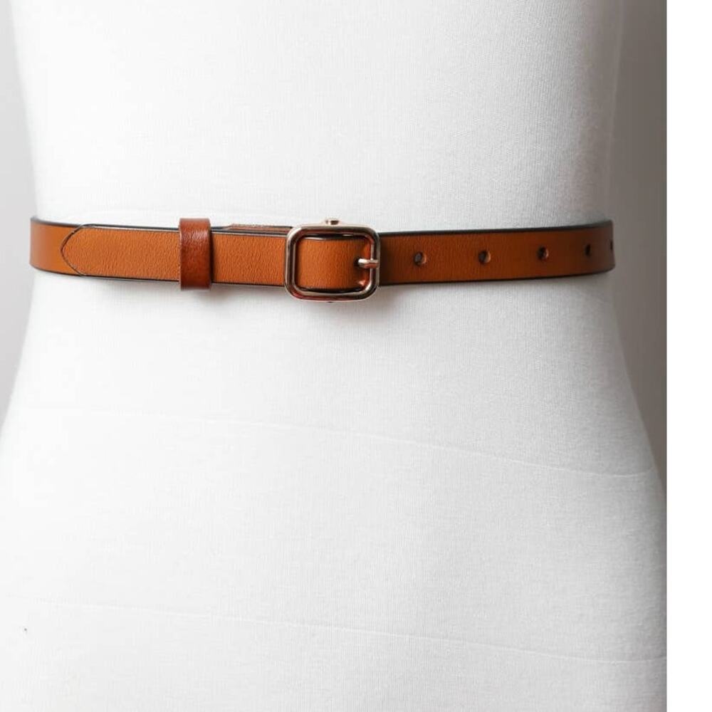 Versatile Skinny Classic Leather Gold Buckle Belt Camel Brown